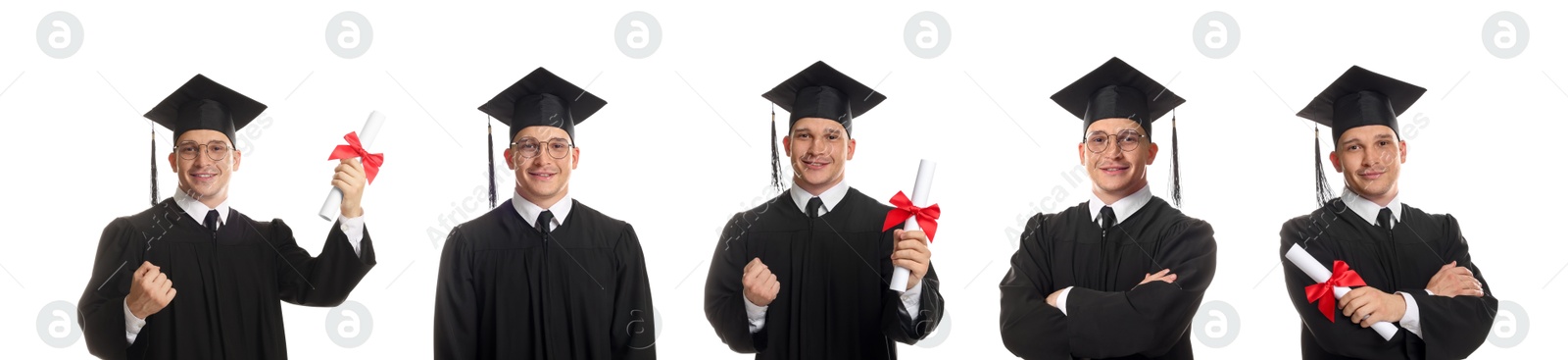 Image of Happy student in graduation gown and mortarboard, collage of portraits on white background