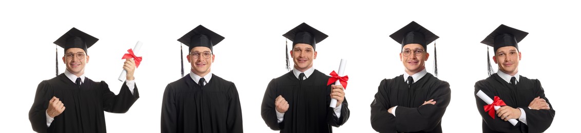 Image of Happy student in graduation gown and mortarboard, collage of portraits on white background