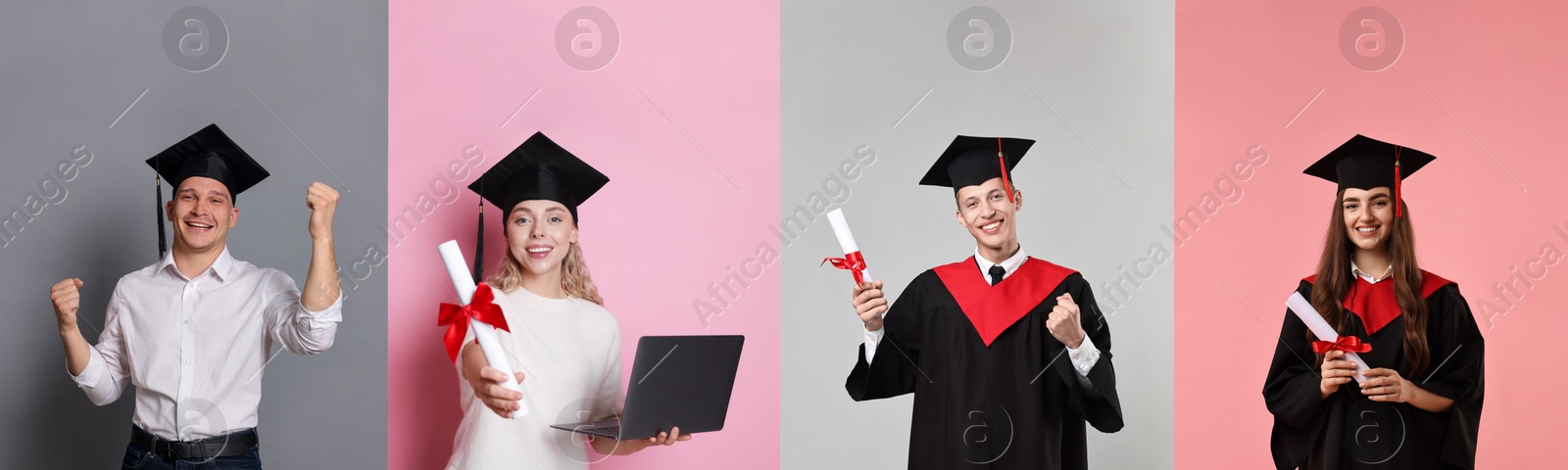 Image of Happy students in graduation gowns and mortarboards, collage of portraits on different colors backgrounds
