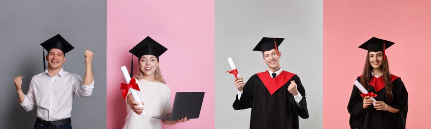 Image of Happy students in graduation gowns and mortarboards, collage of portraits on different colors backgrounds