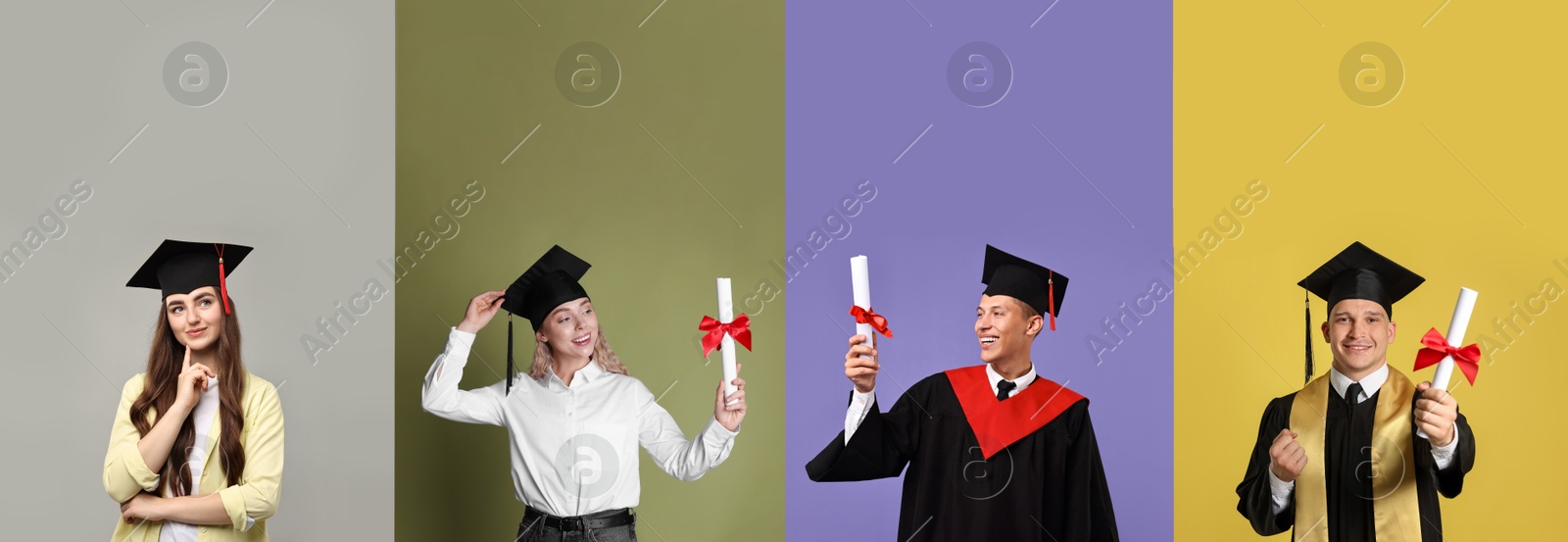 Image of Happy students in graduation gowns and mortarboards, collage of portraits on different colors backgrounds