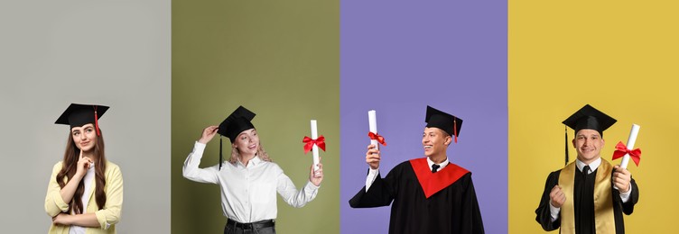 Image of Happy students in graduation gowns and mortarboards, collage of portraits on different colors backgrounds
