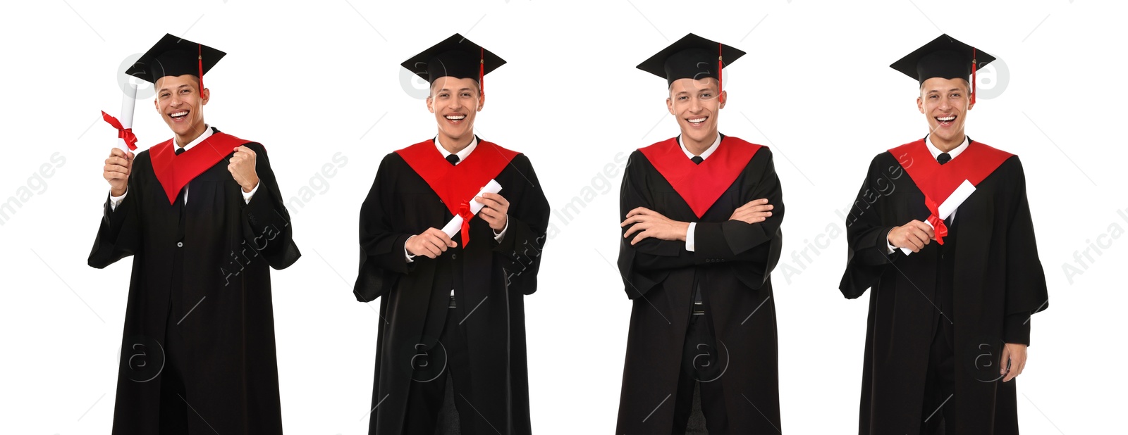 Image of Happy student in graduation gown and mortarboard, collage of portraits on white background