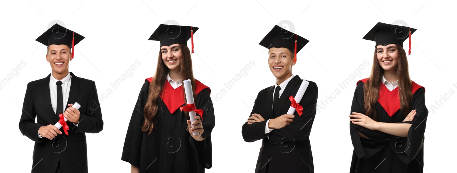 Image of Happy students in graduation gowns and mortarboards, collage of portraits on white background