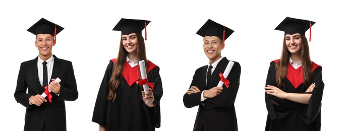 Image of Happy students in graduation gowns and mortarboards, collage of portraits on white background