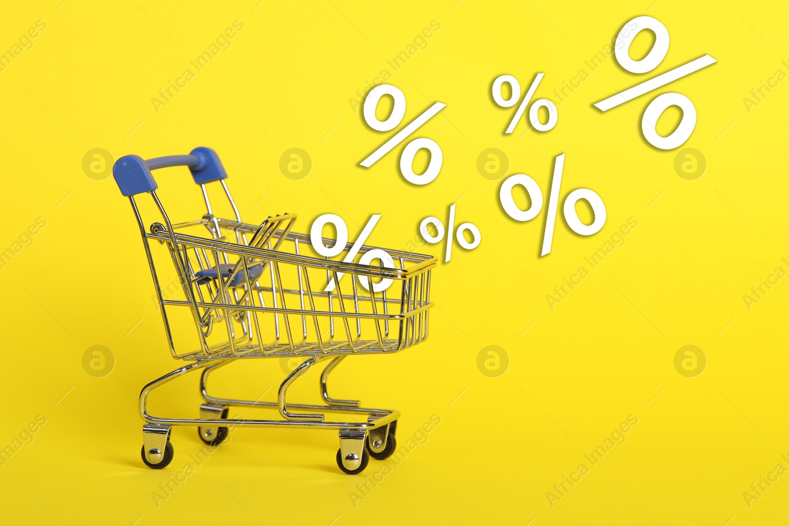 Hot sale, special offer. Percent signs flying out of shopping cart against yellow background Image of Hot sale, special offer. Percent signs flying out of shopping cart against yellow background