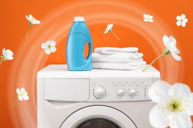 Image of Fabric softener advertising poster. Bottle of conditioner and clean towels on washing machine against orange background. Flowers flying around