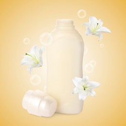 Image of Fabric softener advertising poster. Bottle of conditioner, bubbles and flowers flying against beige gradient background