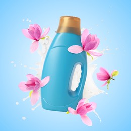 Image of Fabric softener advertising poster. Bottle of conditioner, splash and flowers in air against light blue gradient background
