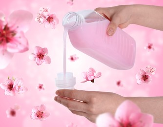 Image of Fabric softener advertising poster. Woman pouring conditioner against pink background. Flowers flying around