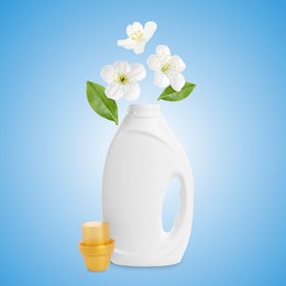 Image of Fabric softener advertising poster. Bottle of conditioner and flying flowers against light blue gradient background