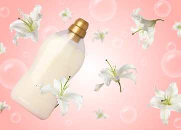 Image of Fabric softener advertising poster. Bottle of conditioner, bubbles and flowers flying against pink gradient background