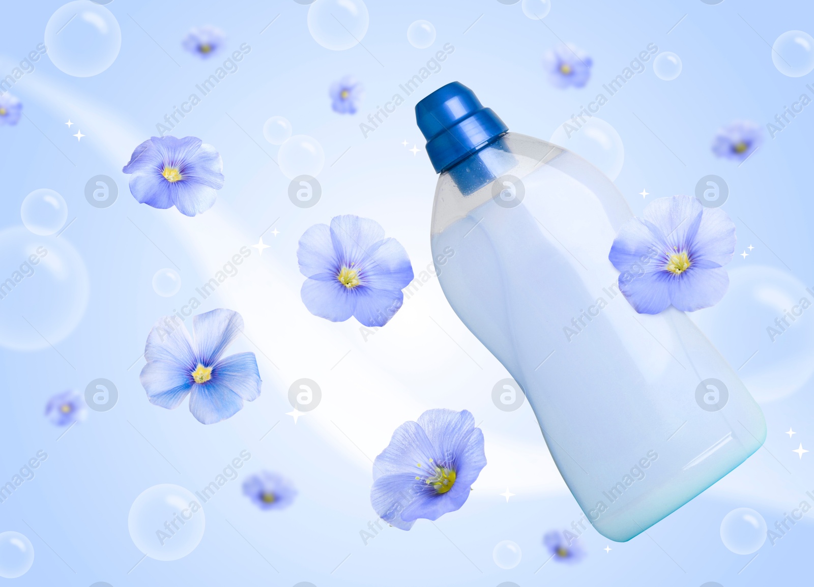 Fabric softener advertising poster. Bottle of conditioner, bubbles and flowers flying against light blue gradient background Image of Fabric softener advertising poster. Bottle of conditioner, bubbles and flowers flying against light blue gradient background