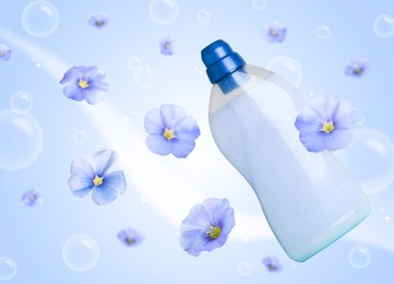 Image of Fabric softener advertising poster. Bottle of conditioner, bubbles and flowers flying against light blue gradient background