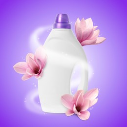 Image of Fabric softener advertising poster. Bottle of conditioner and flying flowers against purple gradient background