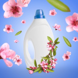 Image of Fabric softener advertising poster. Bottle of conditioner and flying flowers against blue gradient background