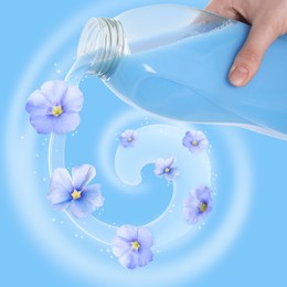 Image of Fabric softener advertising poster. Woman pouring conditioner against light blue background. Flowers floating along stream of liquid