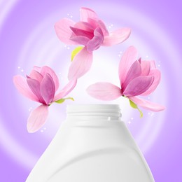 Image of Fabric softener advertising poster. Bottle of conditioner and flying flowers against violet gradient background