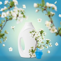 Image of Fabric softener advertising poster. Bottle of conditioner and flying flowers against blue gradient background