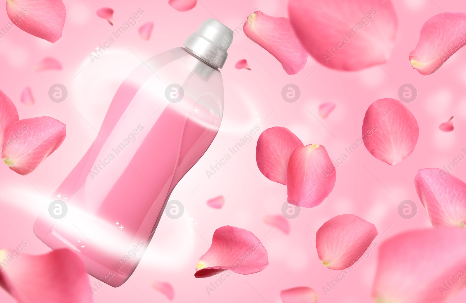 Fabric softener advertising poster. Bottle of conditioner and flower petals flying against pink gradient background Image of Fabric softener advertising poster. Bottle of conditioner and flower petals flying against pink gradient background