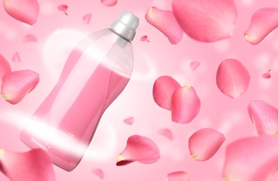 Image of Fabric softener advertising poster. Bottle of conditioner and flower petals flying against pink gradient background