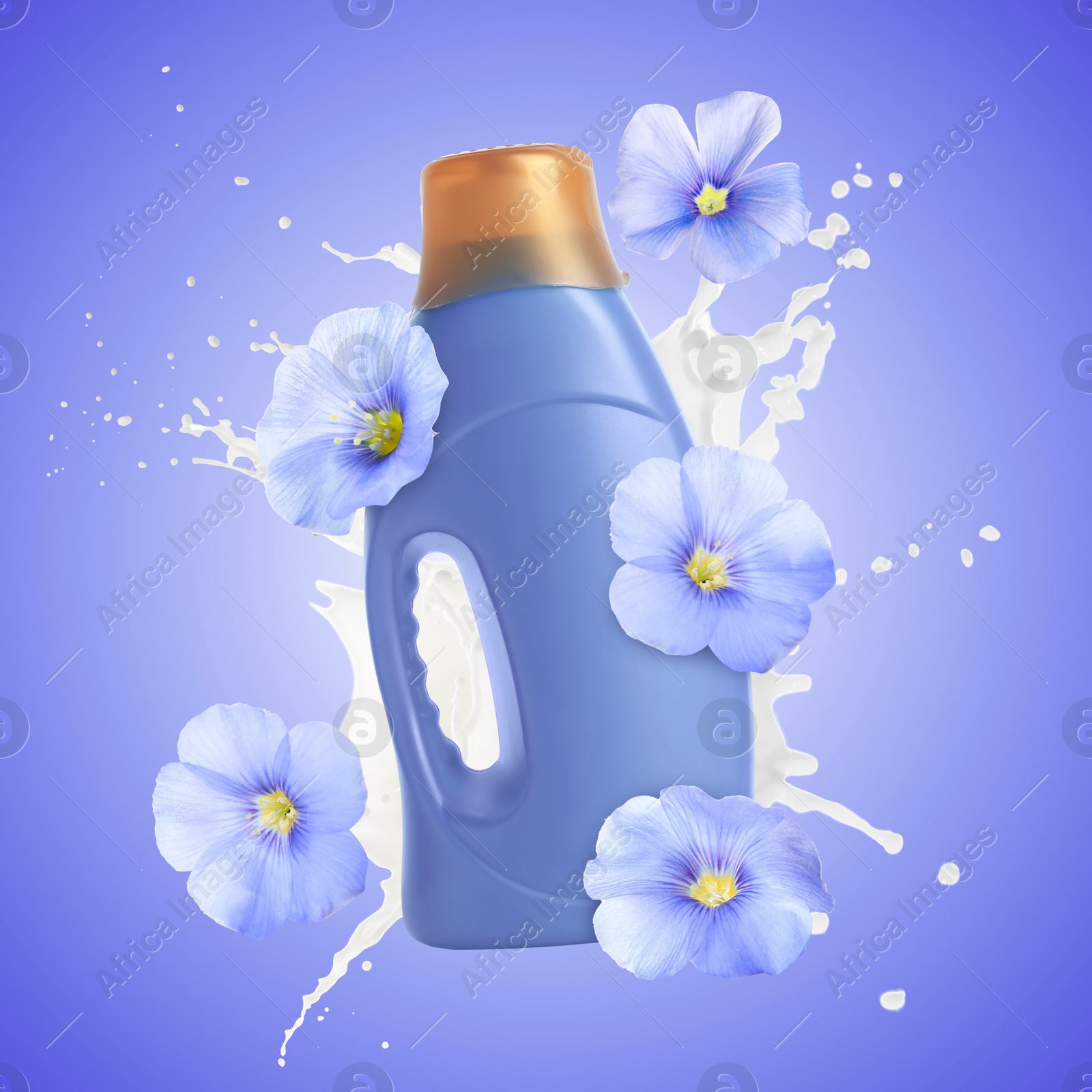 Fabric softener advertising poster. Bottle of conditioner, splash and flowers in air against blue gradient background Image of Fabric softener advertising poster. Bottle of conditioner, splash and flowers in air against blue gradient background