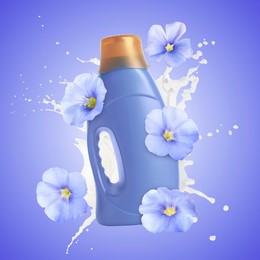 Image of Fabric softener advertising poster. Bottle of conditioner, splash and flowers in air against blue gradient background