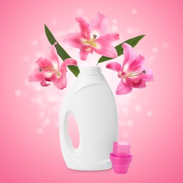 Image of Fabric softener advertising poster. Bottle of conditioner and flying flowers against pink gradient background