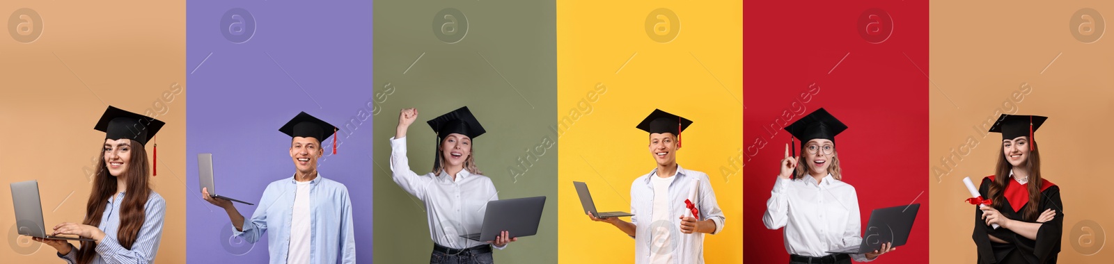 Image of Happy students in graduation gown and mortarboards, collage of portraits on different colors backgrounds