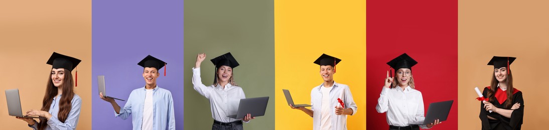 Image of Happy students in graduation gown and mortarboards, collage of portraits on different colors backgrounds