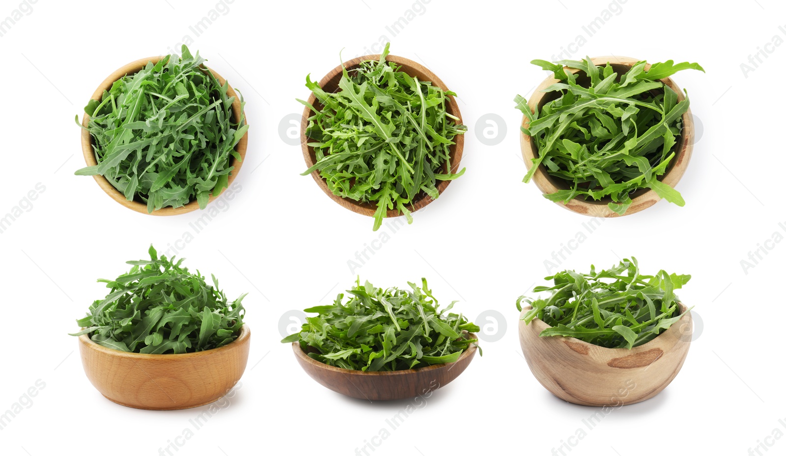 Fresh green arugula in bowls on white background, set. Top and side view Image of Fresh green arugula in bowls on white background, set. Top and side view