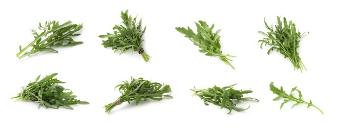 Image of Fresh green arugula on white background, set