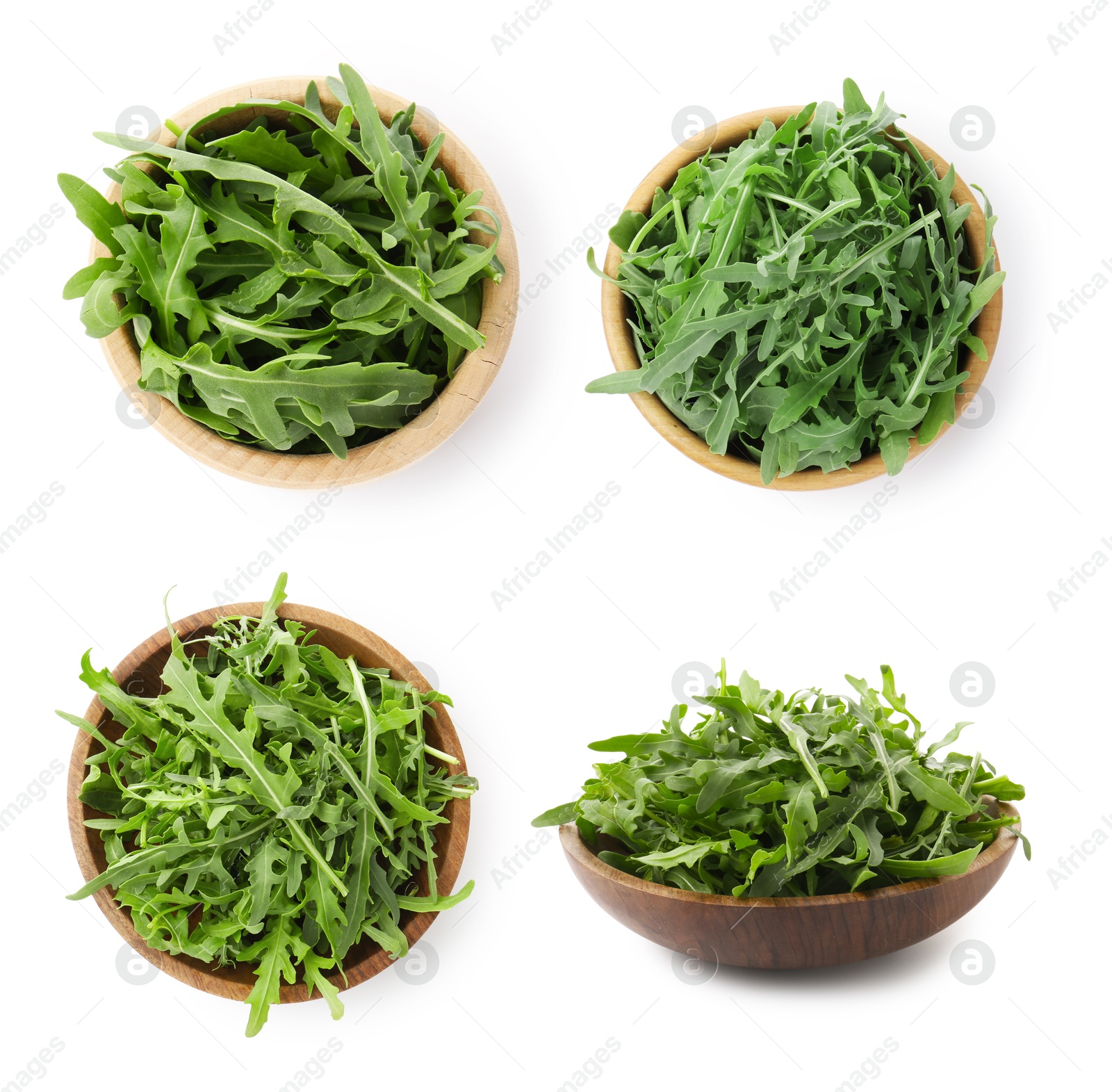 Image of Fresh green arugula in bowls on white background, set. Top and side view