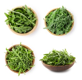 Image of Fresh green arugula in bowls on white background, set. Top and side view
