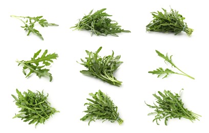 Image of Fresh green arugula on white background, set
