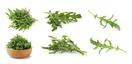 Image of Fresh green arugula on white background, set