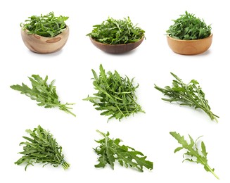 Image of Fresh green arugula on white background, set