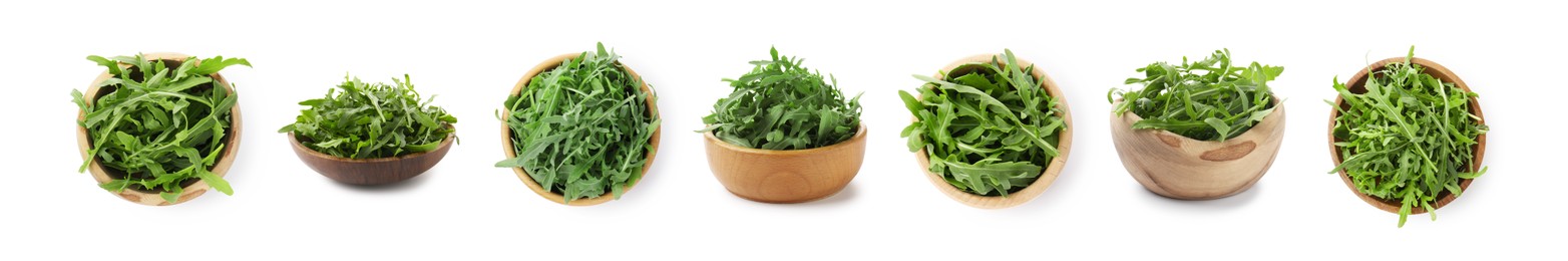 Image of Fresh green arugula in bowls on white background, set. Top and side view