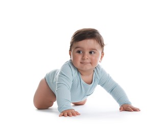 Photo of Portrait of cute little baby on white background