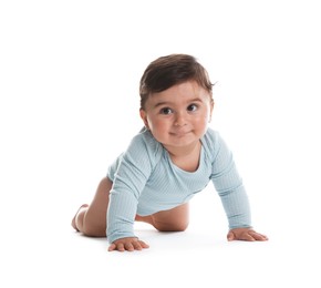 Photo of Portrait of cute little baby on white background