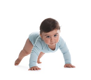 Photo of Portrait of cute little baby on white background