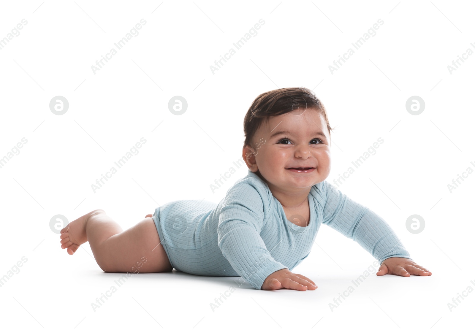 Photo of Portrait of cute little baby on white background