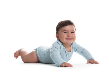 Photo of Portrait of cute little baby on white background