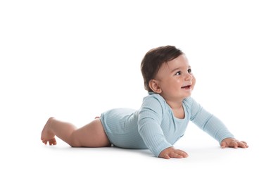 Photo of Portrait of cute little baby on white background