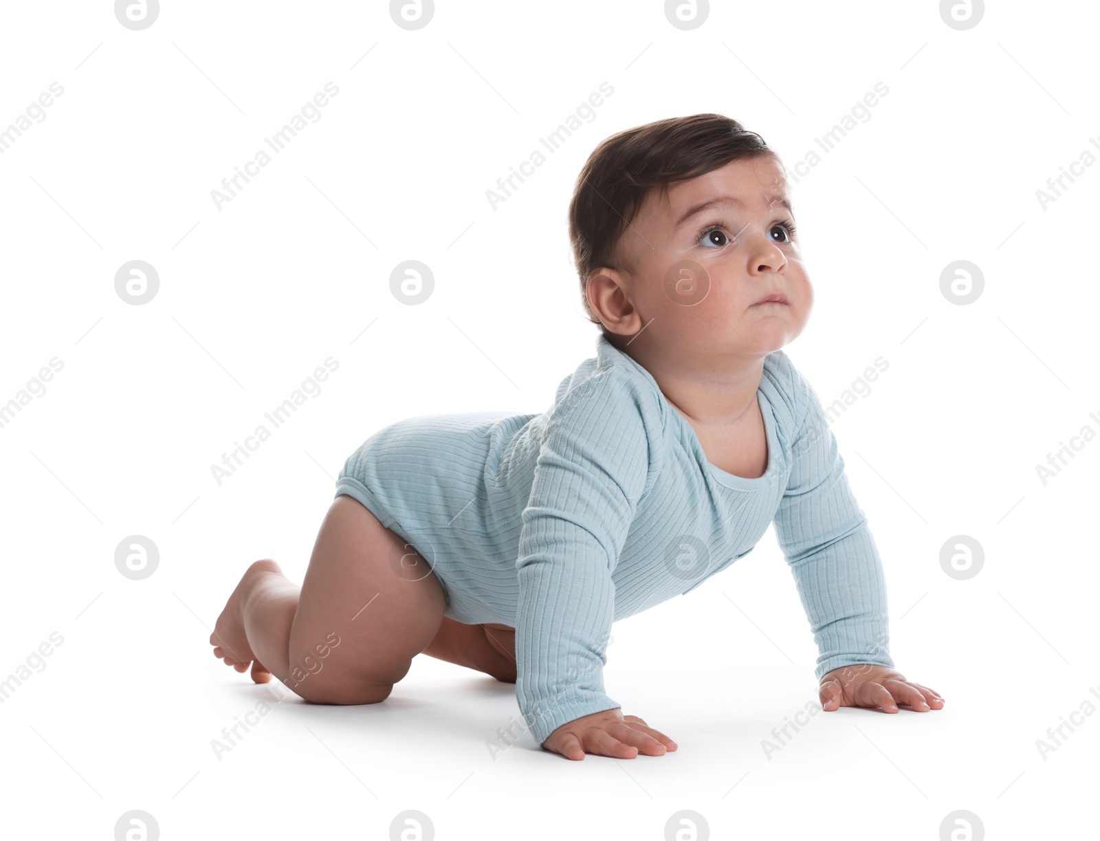Photo of Portrait of cute little baby on white background