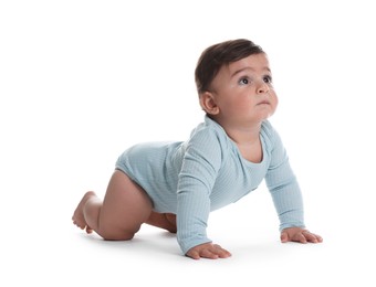 Photo of Portrait of cute little baby on white background