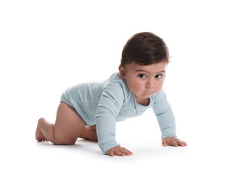 Photo of Portrait of cute little baby on white background