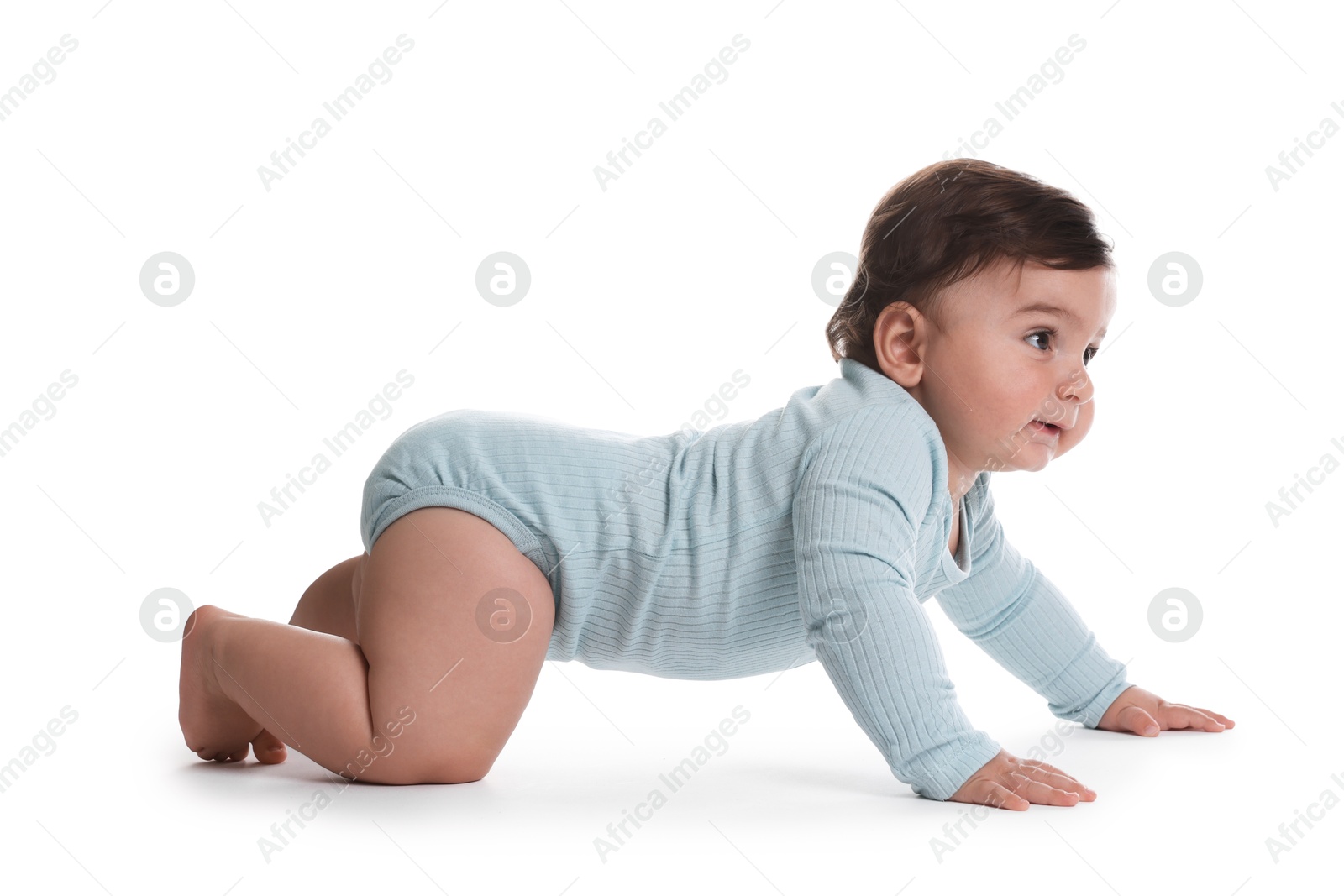 Photo of Cute little baby crawling on white background