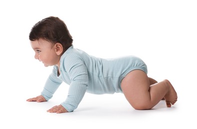 Photo of Cute little baby crawling on white background