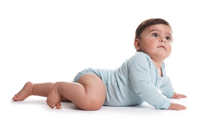 Photo of Portrait of cute little baby on white background